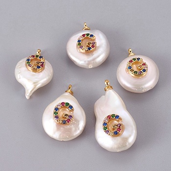 Natural Cultured Freshwater Pearl Pendants, with Brass Cubic Zirconia Cabochons, Long-Lasting Plated, Nuggets with Letter, Colorful, Real 18K Gold Plated, Letter.G, 17~23x13~16x6~11mm, Hole: 1.4~1.6mm
