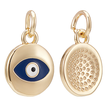 Brass Enamel Charms, with Jump Rings, Long-Lasting Plated, Flat Round with Evil Eye, Real 18K Gold Plated, Midnight Blue, 12.5x10x2mm, Hole: 3mm