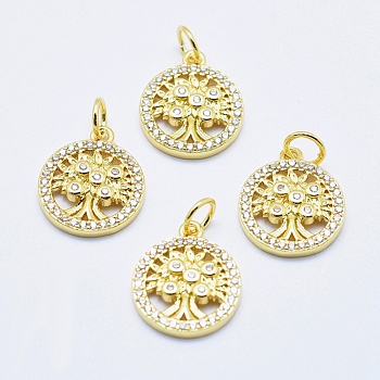 Brass Micro Pave Cubic Zirconia Charms, Long-Lasting Plated, Lead Free & Nickel Free & Cadmium Free, Flat Round with Tree, Real 18K Gold Plated, 14.5x12x2.5mm, Hole: 3mm