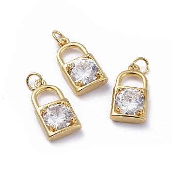 Brass Micro Pave Cubic Zirconia Pendants, with Jump Rings, Long-Lasting Plated, Lock, Clear, Golden, 19x10x5mm, Hole: 3.4mm