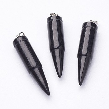 Glass Pointed Pendants, with 201 Stainless Steel Split Rings, Bullet, Stainless Steel Color, Black, 42~46x10mm, Hole: 5mm