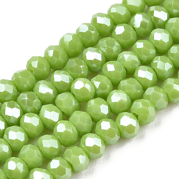 Electroplate Glass Beads Strands, Pearl Luster Plated, Faceted, Rondelle, Yellow Green, 4x3mm, Hole: 0.4mm, about 113~115pcs/strand, 41~41.5cm