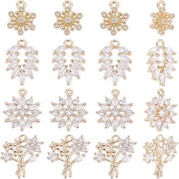 Nbeads 16pcs 4 Style Rack Plating Brass Micro Pave Clear Cubic Zirconia Charms, Long-Lasting Plated, Cadmium Free & Lead Free, Flower & Leaf, Light Gold, 4pcs/style