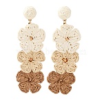 Flower Brass Raffia Dangle Stud Earrings, Brown, 90x30mm(FS-WGB7A43-01)