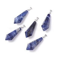 Natural Sodalite Pointed Pendants, with Platinum Plated Brass Loops, Bullet, 35.3~38x13~14mm, Hole: 6.5x2.8mm(G-I314-02P-05)