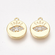 Brass Cubic Zirconia Charms, Flat Round with Eye, Clear, Nickel Free, Real 18K Gold Plated, 10~10.5x8.5~9x1.5mm, Hole: 0.8mm(KK-S350-276)