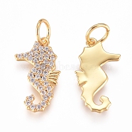 Brass Charms, with Micro Pave Cubic Zirconia and Jump Rings, Sea Horse, Clear, Golden, 15.5x8x1.2mm, Hole: 3.2mm(ZIRC-L070-76G)