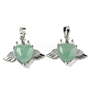 Natural Green Aventurine with Clear Cubic Zirconia Pendants, Heart & Wing Charms with Rack Plating Brass Findings, Platinum, Cadmium Free & Lead Free, 25x31.5x8.5~9mm, Hole: 7.9x5mm(G-G133-02P-25)