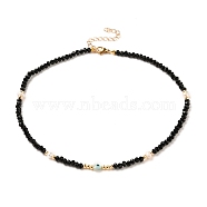 Heart with Evil Eye Natural White Shell Beaded Necklaces, with Natural Malaysia Jade Beads, Pearl Beads, Brass Beads and 304 Stainless Steel Lobster Claw Clasps, 14.96 inch(38cm)(NJEW-JN03147-01)