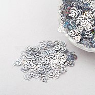 Ornament Accessories Plastic Paillette/Sequins Beads, Smiling Face, Silver, 8x6x0.1mm, Hole: 0.8mm(PVC-E001-13-LS02)