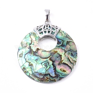 Natural Paua Shell Pendants, with Platinum Tone Brass Ice Pick Pinch Bails, Donut, 44x38x5mm, Hole: 5x8mm(SSHEL-L008-83A)