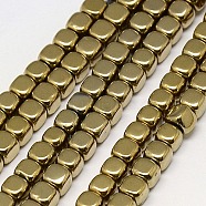 Electroplate Non-magnetic Synthetic Hematite Beads Strands, Cube, Grade A, Golden Plated, 2x2x2mm, Hole: 0.6mm, about 200pcs/strand, 16 inch(G-J172-2x2mm-08)