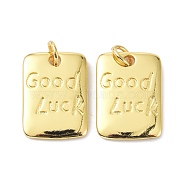 Eco-Friendly Brass Pendants, with Jump Ring, Long-Lasting Plated, Rectangle with Word Good Luck, Real 18K Gold Plated, 18x12.5x2.3mm(KK-C221-03G)