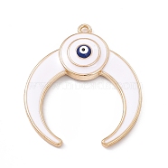 Alloy Enamel Pendants, Light Gold, Double Horn/Crescent Moon with Evil Eye Charm, White, 41x35.5x5mm, Hole: 2.2mm(ENAM-A138-07KCG-02)