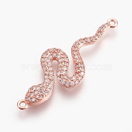 Brass Micro Pave Cubic Zirconia Links, Long-Lasting Plated, Snake, Lead Free & Nickel Free & Cadmium Free, Clear, Real Rose Gold Plated, 39x13.5x3mm, Hole: 1.2mm(ZIRC-O026-12RG-NR)