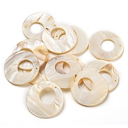 Natural Freshwater Shell Pendants, Flat Round Charms, Seashell Color, 34.5x35x3mm, Hole: 1.5mm(BSHE-Z005-07)