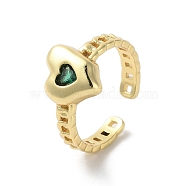 Glass Heart Open Cuff Ring, Real 18K Gold Plated Brass Jewelry for Women, Green, 8.5~16.8mm, US Size 14(23mm)(RJEW-A035-01G-01)