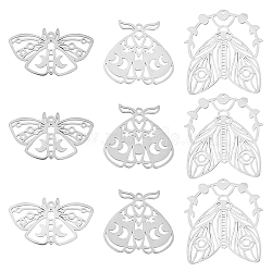 12Pcs 3 Style 201 Stainless Steel Pendants, Beetle & Moth & Cicada with Moon Phase, Stainless Steel Color, 20.5~37x30~36x1mm, Hole: 1.5~1.6mm, 4pcs/style(STAS-CN0001-30)