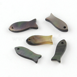 Fish Black Lip Shell Charms, Black, 12~16x5~6x1~2mm, Hole: 1mm(X-SHEL-R009-20)