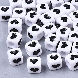 Opaque Acrylic Beads, Cube with Heart, Black, 6x6x6mm, Hole: 3.5mm(X-SACR-T355-01)