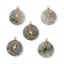 Natural Labradorite Pendants, Flat Round with Vacuum Plating 201 Stainless Steel Lightning Pattern, Real 18K Gold Plated, 18.5~19.5x14.5~15x3~4mm, Hole: 1.4mm(STAS-C064-VC857)