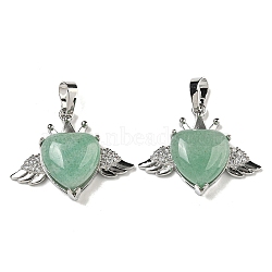 Natural Green Aventurine with Clear Cubic Zirconia Pendants, Heart & Wing Charms with Rack Plating Brass Findings, Platinum, Cadmium Free & Lead Free, 25x31.5x8.5~9mm, Hole: 7.9x5mm(G-G133-02P-25)