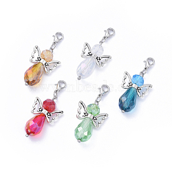 Faceted Glass Pendants, with Tibetan Style Alloy Beads and Lobster Claw Clasps, Fairy, Mixed Color, 41mm, Pendant: 30x18x7.5mm(HJEW-JM00393-M)