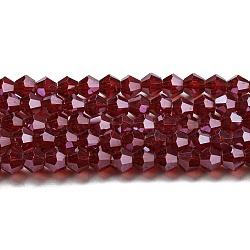 Transparent Electroplate Glass Beads Strands, Pearl Luster Plated, Faceted, Bicone, Dark Red, 4x4mm, Hole: 0.8mm, about 82~85pcs/strand, 12.01~12.2 inch(30.5~31cm)(EGLA-A039-T4mm-A27)