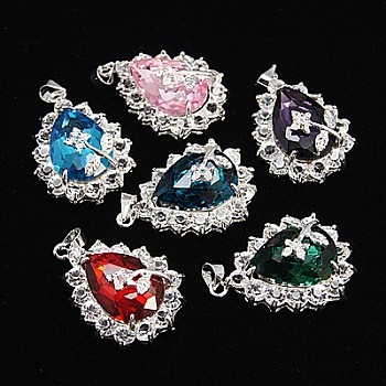 Glass Pendants, with Brass Finding, Teardrop, Platinum, Mixed Color, about 30mm long, 20mm wide, 11mm thick, hole: 3.5x3mm