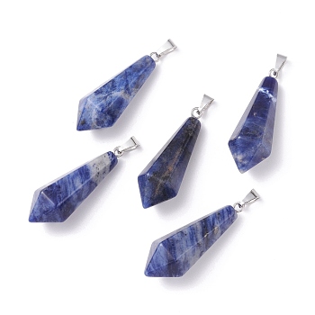 Natural Sodalite Pointed Pendants, with Platinum Plated Brass Loops, Bullet, 35.3~38x13~14mm, Hole: 6.5x2.8mm