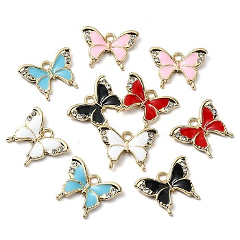 Rack Plating Alloy Enamel Pendants, with Rhinestone, Nickel Free, Butterfly Charm, Golden, Mixed Color, 14.5x19x2.5mm, Hole: 2mm