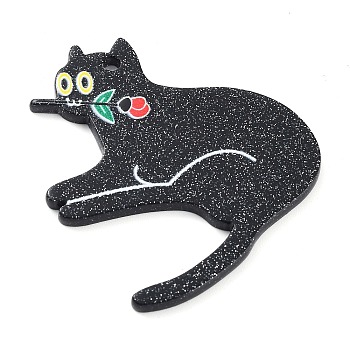 Cat Theme Acrylic Pendants, with Glitter Powder, Rose, Black, 42x38x2.3mm, Hole: 1.8mm