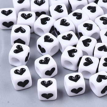 Opaque Acrylic Beads, Cube with Heart, Black, 6x6x6mm, Hole: 3.5mm