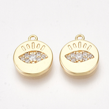 Brass Cubic Zirconia Charms, Flat Round with Eye, Clear, Nickel Free, Real 18K Gold Plated, 10~10.5x8.5~9x1.5mm, Hole: 0.8mm
