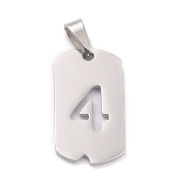 304 Stainless Steel Pendants, Manual Polishing, Rectangle with Number, Rainbow, Stainless Steel Color, Num.4, 27.5x14.5x1.5mm, Hole: 3.5mm