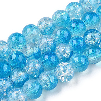 Transparent Crackle Baking Painted Glass Beads Strands, Imitation Opalite, Round, Deep Sky Blue, 10x9.5mm, Hole: 1.4mm, about 80pcs/strand, 30.87 inch(78.4cm)
