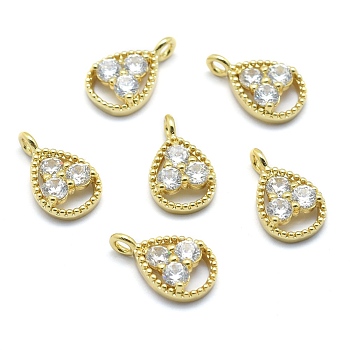 Brass Charms, with Cubic Zirconia, Lead Free & Cadmium Free & Nickel Free, teardrop, Clear, Real 18K Gold Plated, 13x8x3mm, Hole: 1.5mm