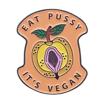Cartoon Pear Shape Enamel Pin, Word Eat Pussy It's Vegan Alloy Feminism Badge for Backpack Clothes, Sandy Brown, 30x25mm