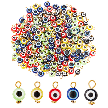 200Pcs Evil Eye Resin Pendants, with Antique Golden Tone Alloy Daisy Spacer Beads, Flat Round Charm, Mixed Color, 16.5~17x10x6mm, Hole: 2.5~3mm