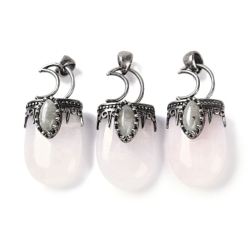 Natural Rose Quartz Pendants, Moon Charms, with Rack Plating Anstique Silver Plated Brass Findings, Lead Free & Cadmium Free, 43.5~45x20~22x14.5~15.5mm, Hole: 6.5x5mm