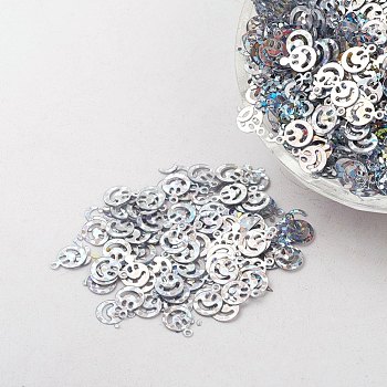 Ornament Accessories Plastic Paillette/Sequins Beads, Smiling Face, Silver, 8x6x0.1mm, Hole: 0.8mm