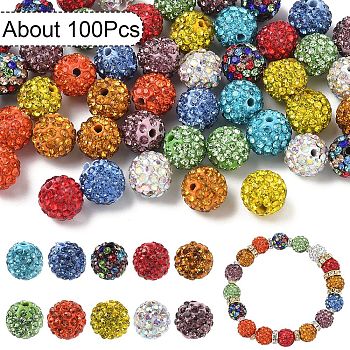 Pave Disco Ball Beads, Polymer Clay Rhinestone Beads, Round, Mixed Color, PP13(1.9~2mm), 6 Rows Rhinestone, 10mm, Hole: 1.5mm, 100pcs/set