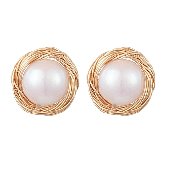 Brass Wired & Plastic Imitation Pearl Ear Studs, with 304 Stainless Steel Stud Earrings, Round, Golden, 20x11mm