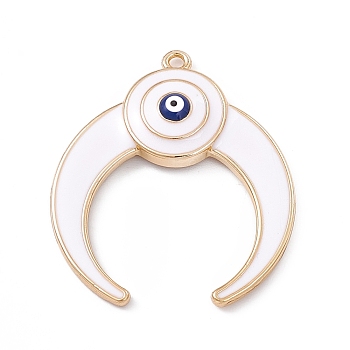 Alloy Enamel Pendants, Light Gold, Double Horn/Crescent Moon with Evil Eye Charm, White, 41x35.5x5mm, Hole: 2.2mm