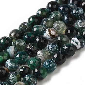 Dyed & Heated Natural Fire Crackle Agate Beads Strands, Faceted, Round, Dark Green, 8mm, Hole: 1.2mm, about 49pcs/strand, 14.84''(37.7cm)