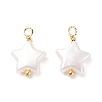 ABS Plastic Imitation Pearl Pendants, with Real 18K Gold Plated Rack Plating Brass Findings, Star Charm, White, 14x9.5x3.5mm, Hole: 1.5mm