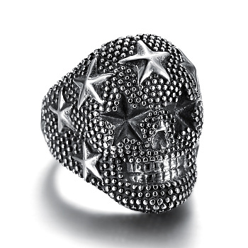 Skull with Star Chunky Wide Band Ring, Gunmetal 316 Stainless Steel Halloween Jewelry for Men Women, Stainless Steel Color, US Size 11(20.6mm)