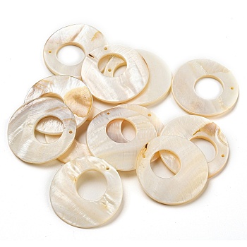 Natural Freshwater Shell Pendants, Flat Round Charms, Seashell Color, 34.5x35x3mm, Hole: 1.5mm