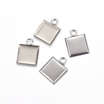 304 Stainless Steel Pendant Cabochon Settings, Plain Edge Bezel Cups, Square, Stainless Steel Color, 15x11x1.2mm, Hole: 2.3mm, Tray: 10x10mm