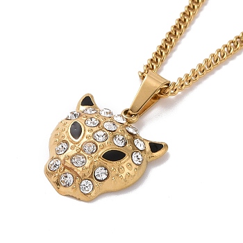 Crystal Rhinestone Leopard Pendant Necklace with Enamel, Ion Plating(IP) 304 Stainless Steel Jewelry for Women, Golden, 15.87 inch(40.3cm)